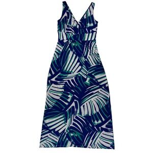 Chaps Maxi Dress S Blue Green Palm Print Sleeveless V-Neck Resort Wear Tropical